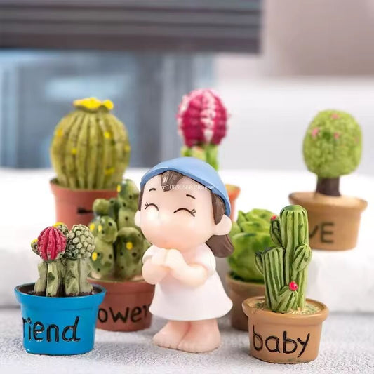 Cartoon Miniature Cactus Potted Handmade Realistic Mini Potted Plant Resin DIY Cactus Figurines Desktop Decorative Fairy Garden